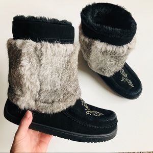 Pika Black Suede Leather & Rabbit Fur Beaded Moccasin Boots